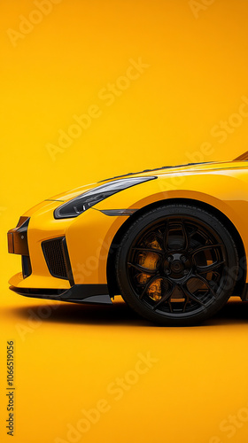 The striking yellow sports car features black alloy wheels, highlighting its modern design against a bright orange background in natural lighting