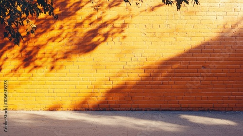A serene and peaceful graffiti brick wall in vibrant orange color illuminated by sunlight creates an ideal photo style blank poster mock-up, offering ample copy space and texture with light shadows.