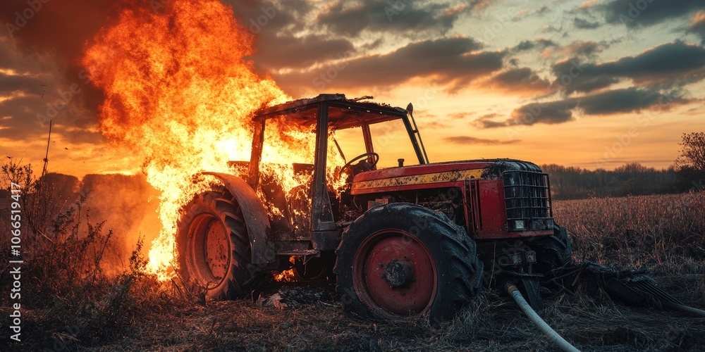 A farm accident occurs at sunset, featuring a tractor engulfed in flames alongside a hosepipe that is dangerously tangled. This situation presents a serious injury risk.