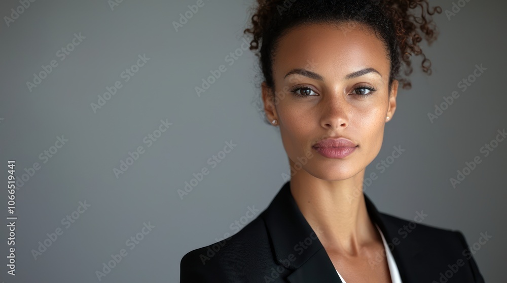 A serious studio portrait of a woman with a focused expression, dressed in professional attire A serious studio portrait of a woman with a focused expression, dressed in professional attire