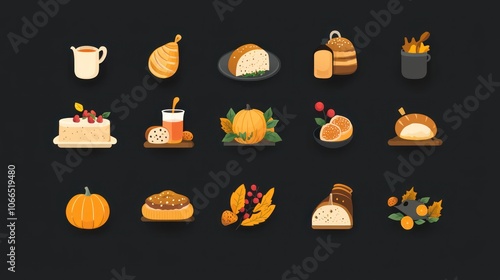 A set of flat design icons representing traditional Thanksgiving foods and decorations