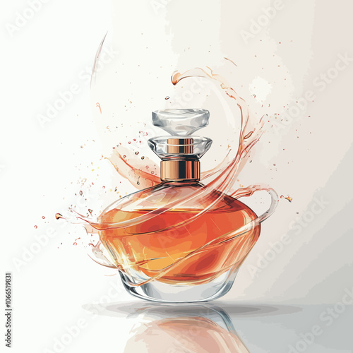 Bottle of perfume with splashes and drops on a white background 