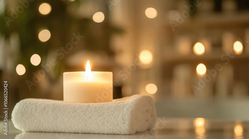 A single lit candle emits a soft glow from its flames, creating a tranquil ambiance. The candles warm light adds an inviting touch, perfect for relaxation. Photo style, copy space. photo