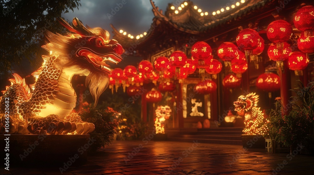 Fototapeta premium Chinese New Year Celebration with Dragon Dance and Red Lanterns
