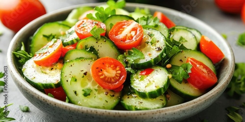 A nutritious vegetarian cucumber salad featuring fresh tomatoes and herbs is beautifully arranged on a table, offering a delicious and healthy dining option.