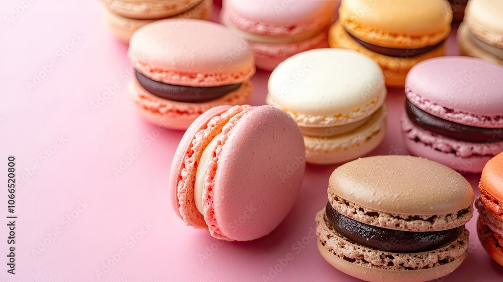 Assorted macaroons arranged in a delightful composition on a soft pink paper background; this image captures the essence of assorted macaroons with a modern photo style and copy space. Assorted macaroons arranged in a delightful composition on a soft pink paper background; this image captures the essence of assorted macaroons with a modern photo style and copy space.