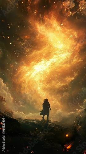 Silhouette of a Figure Against a Fiery Cosmic Sky: A Dramatic and Surreal Artwork