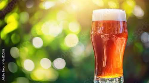 Beer themes for summer - A refreshing beer glass sits against a softly blurred backdrop, capturing the essence of summer with bright colors and ample copy space for text. photo