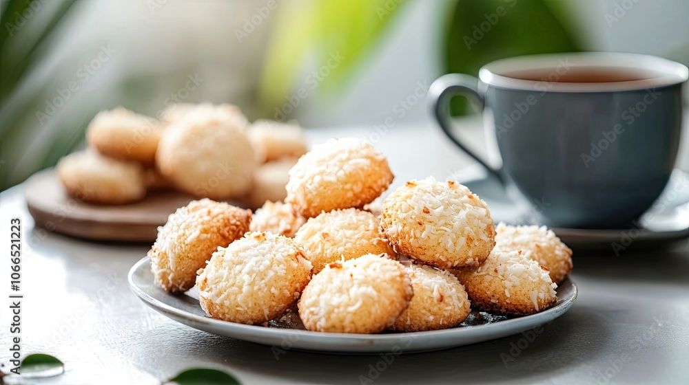 Fresh and tasty coconut cookies are presented alongside a cup of tea on a table, creating an inviting scene. This image of coconut cookies offers ample copy space for text. Fresh and tasty coconut cookies are presented alongside a cup of tea on a table, creating an inviting scene. This image of coconut cookies offers ample copy space for text.