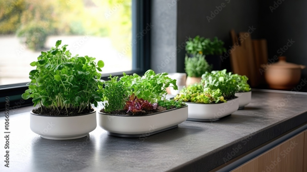 Small live salads and cress plants growing in a home kitchen space, emphasizing urban food planting and hydroponics for homegrown produce. Vertical gardens enhance kitchen aesthetics. Small live salads and cress plants growing in a home kitchen space, emphasizing urban food planting and hydroponics for homegrown produce. Vertical gardens enhance kitchen aesthetics.
