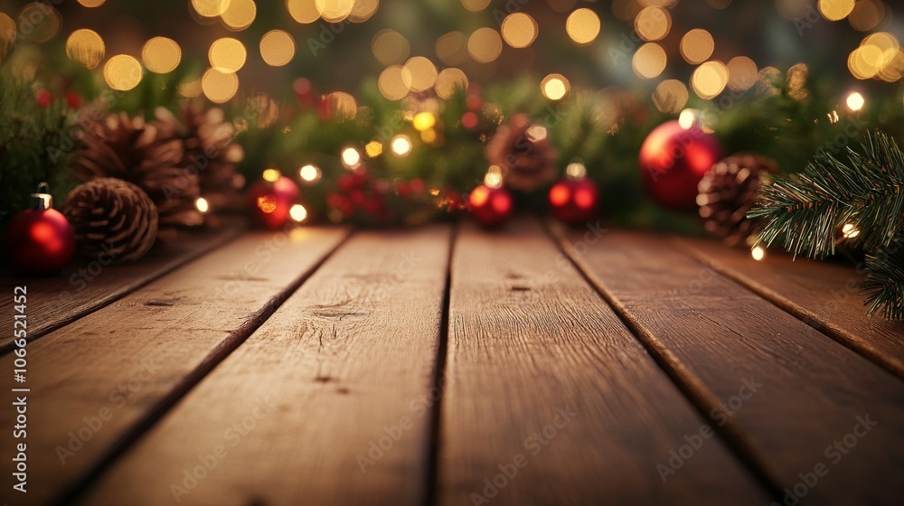 Empty Wooden Table with Christmas Tree Decorations and Lights in Background Empty Wooden Table with Christmas Tree Decorations and Lights in Background