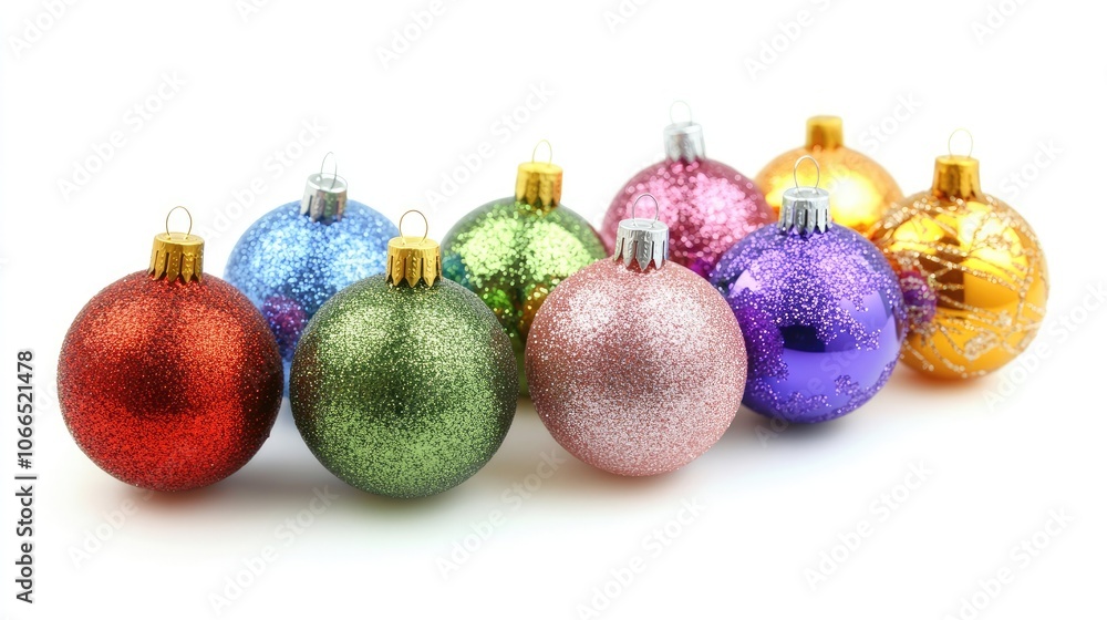 Close-up view of vibrant, multi-colored Christmas balls set against a white background, emphasizing the Christmas balls theme. Ideal for decoration or festive celebrations, with ample copy space. Close-up view of vibrant, multi-colored Christmas balls set against a white background, emphasizing the Christmas balls theme. Ideal for decoration or festive celebrations, with ample copy space.