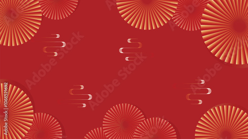 Chinese New Year background vector. Modern template design with cloud, wind, paper fan on red background. Elegant oriental illustration for cover, banner, website, calendar, envelope.