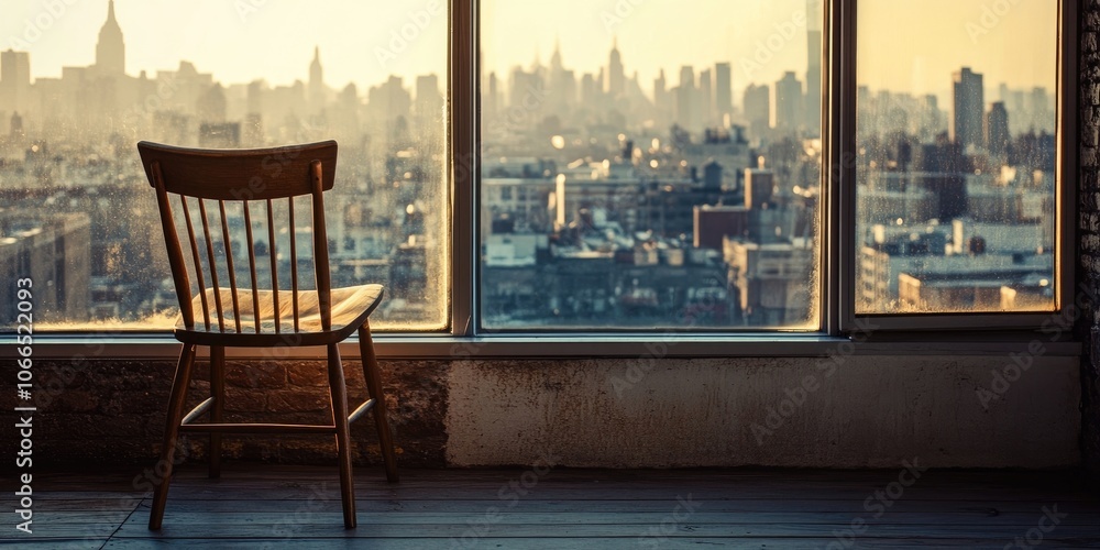 Fototapeta premium A wooden chair positioned next to the window offers a view of the cityscape outside. The photo captures this scene in high quality.