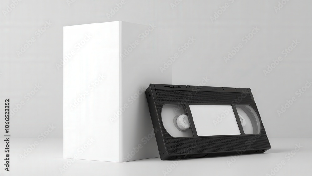 Realistic VHS box mockup with a blank white case beside the cassette, ready for custom branding.