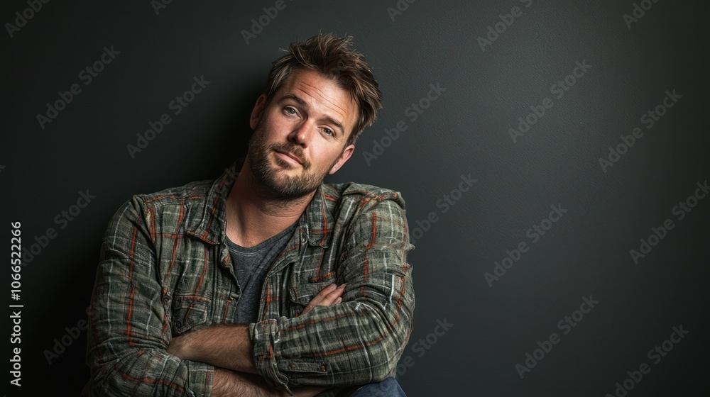 Obraz premium A studio portrait of a man in a casual outfit, leaning against a wall with a relaxed expression