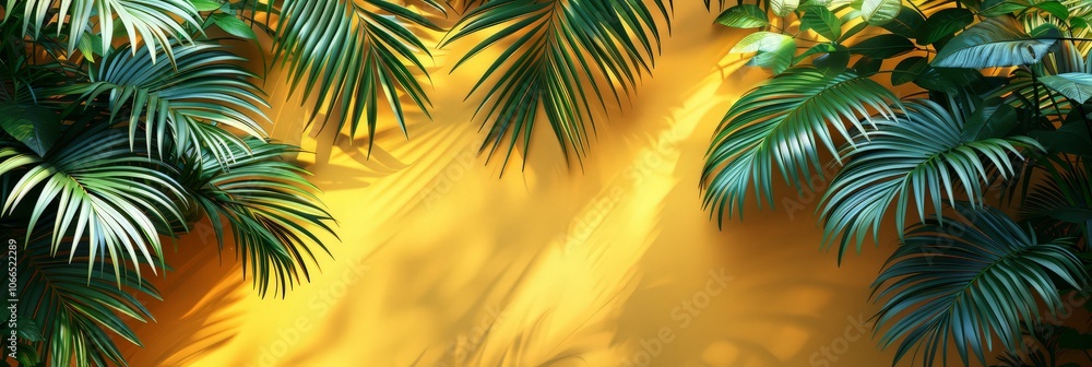 Bright yellow painted wall framed with green tropical palm leaves, sunlight with shadows patterns, summer background. Bright yellow painted wall framed with green tropical palm leaves, sunlight with shadows patterns, summer background.