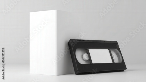 Realistic VHS box mockup with a blank white case beside the cassette, ready for custom branding.