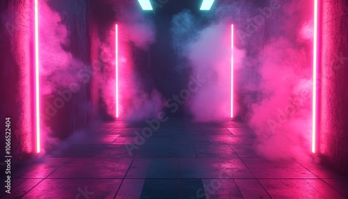 Empty Dark Room Illuminated by Neon Pink Blue Lights