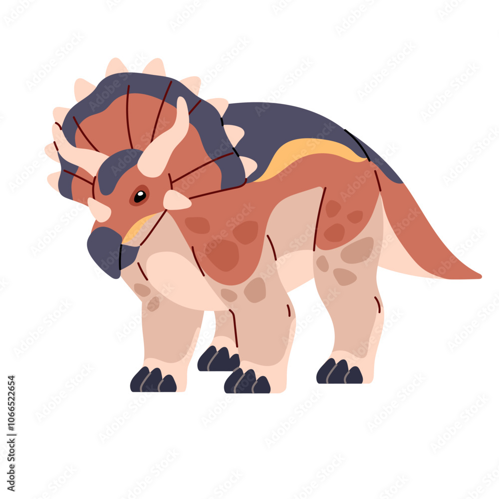 Fototapeta premium Triceratops. Herbivorous dinosaur with horns on head, big dino with patterned skin. Ancient fauna. Reptile, animal of Jurassic era. Paleontology. Flat isolated vector illustration on white background