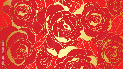 Chinese new year luxury pattern background vector. Oriental peony flower gold line art texture on red background. Design illustration for wallpaper, card, poster, packaging, advertising.