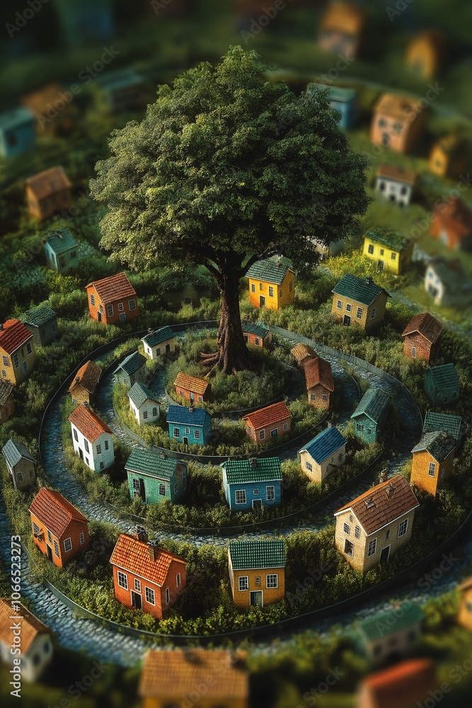 Eco-Friendly Real Estate Concept with 3D Spiral of Green-Roofed Houses Around Central Tree Eco-Friendly Real Estate Concept with 3D Spiral of Green-Roofed Houses Around Central Tree