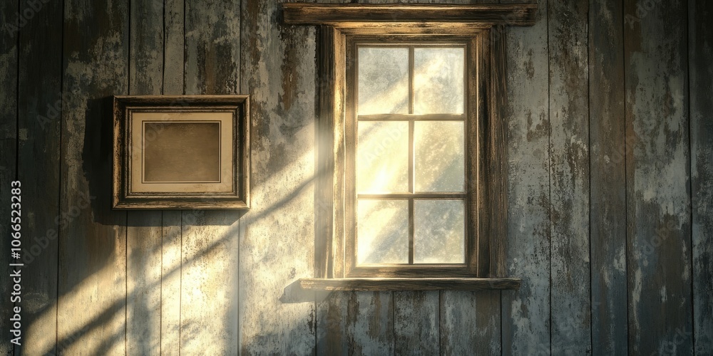 A striking light from the window casts illumination on a weathered wall adorned with wooden features, showcasing a picture frame in a serene indoor atmosphere. A striking light from the window casts illumination on a weathered wall adorned with wooden features, showcasing a picture frame in a serene indoor atmosphere.