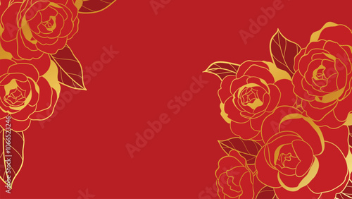 Chinese new year luxury pattern background vector. Oriental rose flower gold line art texture on red background. Design illustration for wallpaper, card, poster, packaging, advertising.