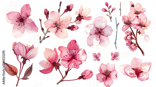 Watercolor set of cherry blossom, almond, sakura elements illustration on white background. Spring pink flowers and leaves. Suitable for decorative invitations, posters, or cards