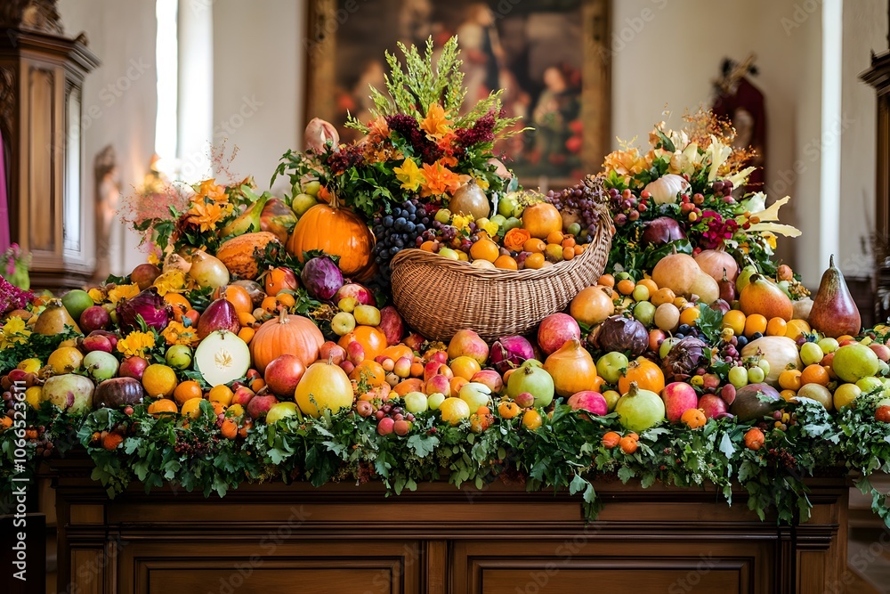 Thanksgiving cornucopia display in church Thanksgiving cornucopia display in church