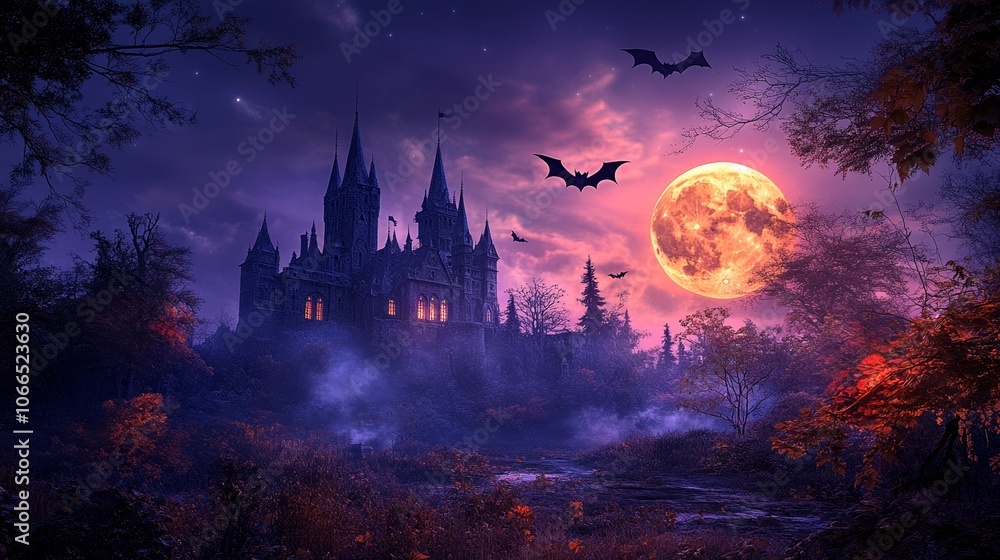 Bats Flying Over Spooky Castle with Full Moon in the Background Bats Flying Over Spooky Castle with Full Moon in the Background