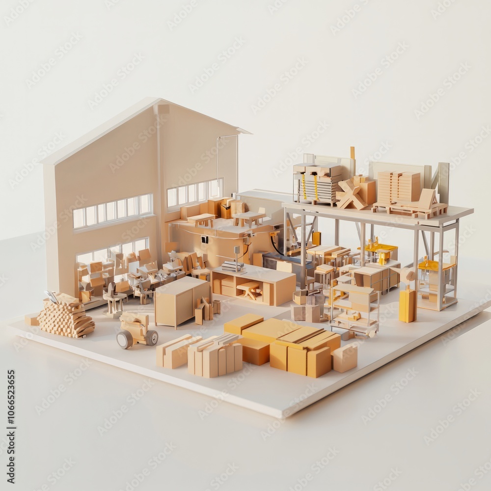 Low Poly 3D Render of a furniture manufacturing factory, on isolated white background Low Poly 3D Render of a furniture manufacturing factory, on isolated white background