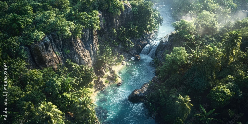Aerial view captures a tropical jungle river and stream, alongside towering cliffs, within a lush rainforest, showcasing the vibrant ecosystem from a drones perspective. Aerial view captures a tropical jungle river and stream, alongside towering cliffs, within a lush rainforest, showcasing the vibrant ecosystem from a drones perspective.