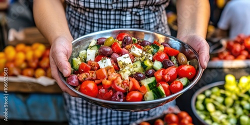 A market seller shows a bowl filled with Greek salad that includes ingredients like tomatoes, olives, cucumbers, cheese, and various seasonings.