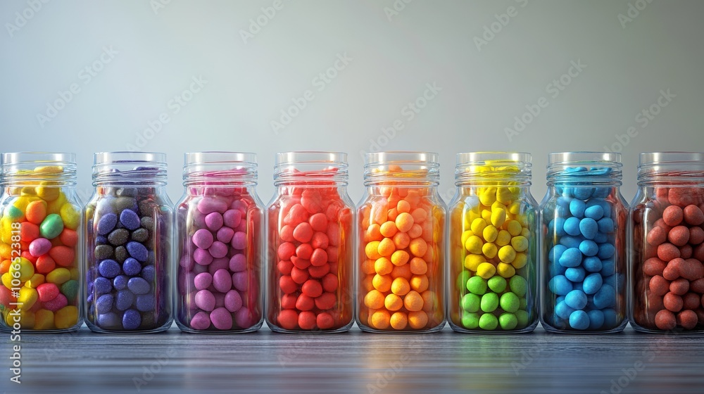Vibrant Display of Colorful Candy in Glass Jars Vibrant Display of Colorful Candy in Glass Jars