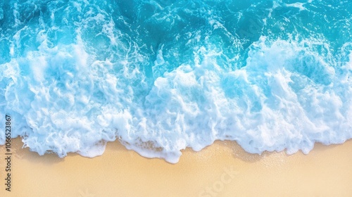 Aerial perspective of vibrant blue water flowing over a pristine white sand beach, capturing the crystal clear waves. The image offers a splash of white wine, perfect for food themes.