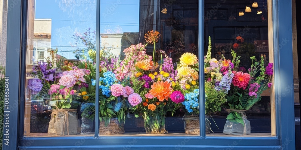 Summer Celebration at the Flower Shop featuring a vibrant and colorful selection of flowers showcased in the window display, creating an inviting atmosphere. Summer Celebration at the Flower Shop featuring a vibrant and colorful selection of flowers showcased in the window display, creating an inviting atmosphere.