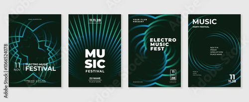 Music poster design background vector set. Electro Sound Cover template with vibrant abstract gradient geometric shape and line wave. Ideal design for social media, flyer, party, music festival, club.