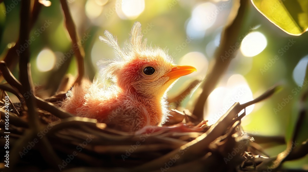 Fototapeta premium A Tiny Bird Nestling In Its Nest Under Sunlight