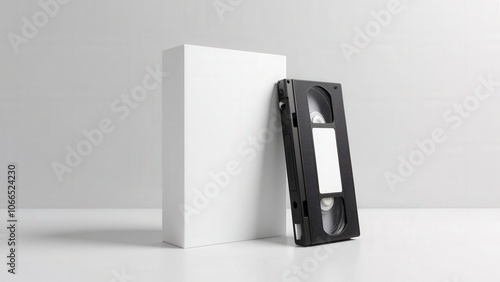 Retro VHS effect mockup with blank cassette and case, perfect for vintage-inspired designs.