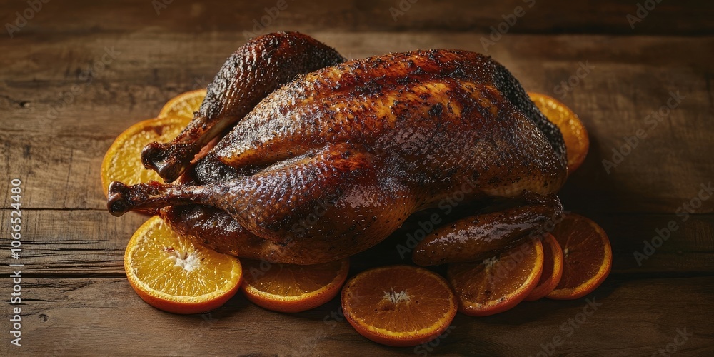 A roasted duck, beautifully presented with slices of orange, rests on a wooden surface, creating an appealing and flavorful display of roasted duck with oranges. A roasted duck, beautifully presented with slices of orange, rests on a wooden surface, creating an appealing and flavorful display of roasted duck with oranges.