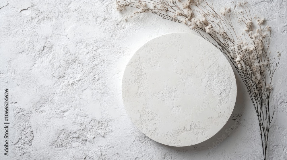 Top view of a textured white stone podium creating a minimalistic backdrop, perfect for cosmetics, beauty, or fashion imagery with ample photo style copy space.