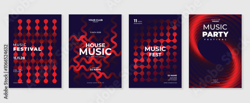 Music poster design background vector set. Electro Sound Cover template with vibrant abstract gradient geometric shape and line wave. Ideal design for social media, flyer, party, music festival, club.