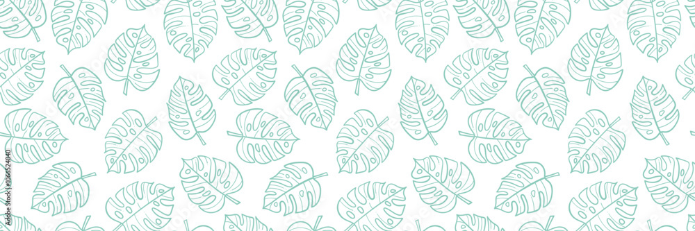 Monstera leaves vector banner, seamless repeating pattern wide horizontal background design Monstera leaves vector banner, seamless repeating pattern wide horizontal background design
