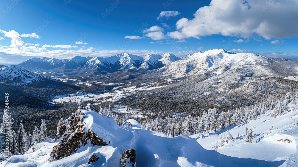 Scenic winter landscape from the summit of a snowy mountain, capturing the essence of tranquility. The snowy mountain peaks create a serene atmosphere with ample copy space. Scenic winter landscape from the summit of a snowy mountain, capturing the essence of tranquility. The snowy mountain peaks create a serene atmosphere with ample copy space.