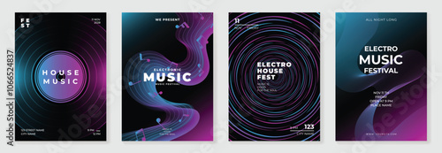 Music poster design background vector set. Electro Sound Cover template with vibrant abstract gradient geometric shape and line wave. Ideal design for social media, flyer, party, music festival, club.