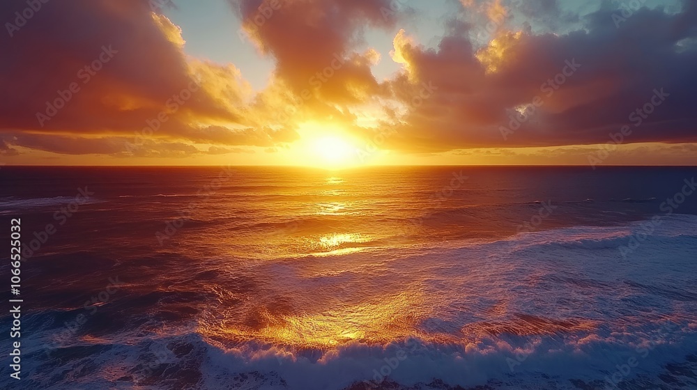 Fototapeta premium Stunning sunset over ocean waves, with vibrant clouds illuminated by the setting sun. The captivating sunset creates a serene atmosphere, perfect for relaxation and reflection.