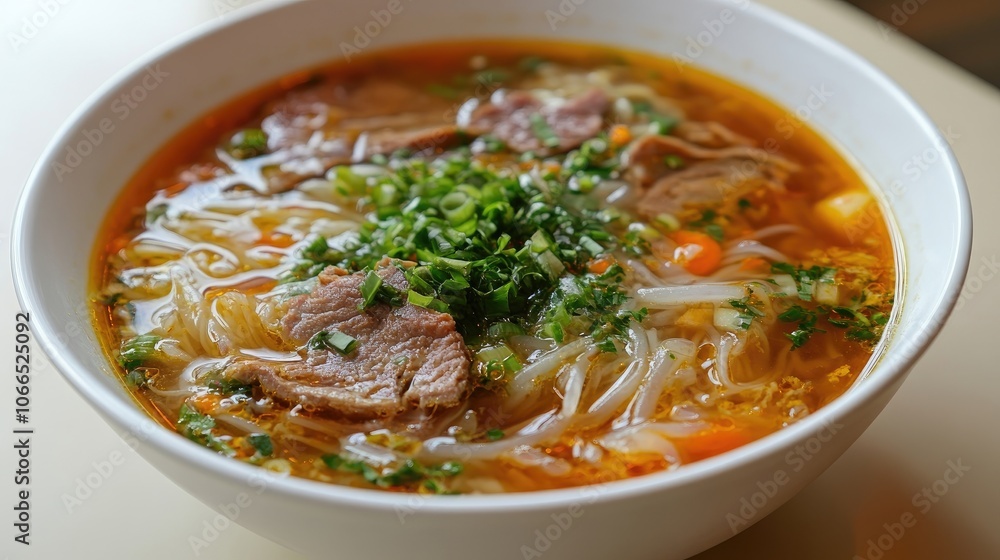 Vietnamese traditional soup with rice noodles captured beautifully, highlighting the vibrant colors and textures of the dish. Perfect for food photography with ample copy space. Vietnamese traditional soup with rice noodles captured beautifully, highlighting the vibrant colors and textures of the dish. Perfect for food photography with ample copy space.