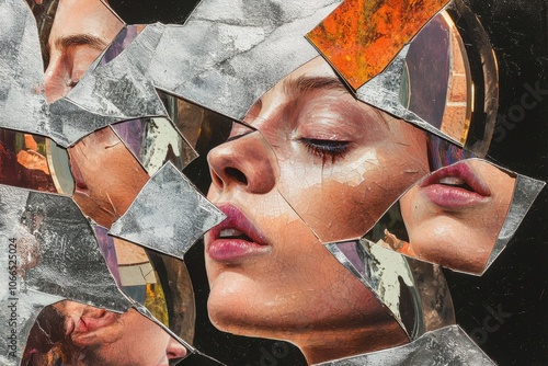 A fragmented portrait of a woman's face, artistically arranged with reflective shards, conveying themes of identity and perception. photo