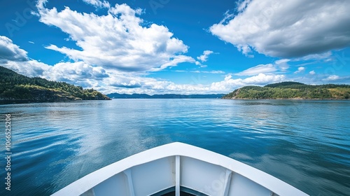 Scenic sea view captured from the upper deck of a sea tour boat, offering a stunning perspective of the tranquil waters, perfect for relaxation and exploration. Include ample copy space.